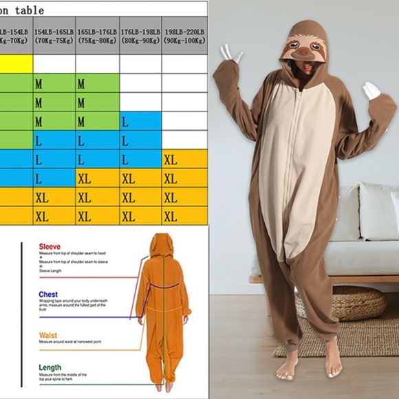 Adult Unisex Sloth Jumpsuit Cosplay Costume Animal Homewear Sleepwear Size L - Picture 17 of 17